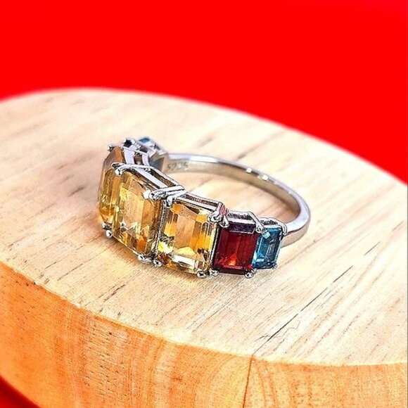 Natural Citrine, Garnet & Blue Topaz 925 Sterling Silver Ring Sz 7.75 - Picture 6 of 9